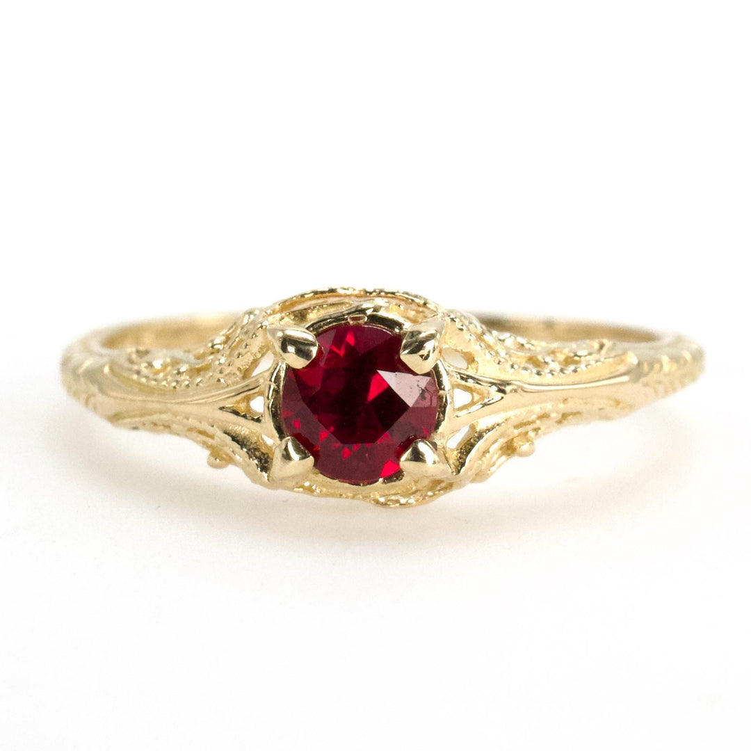 Petite Edwardian Style Filigree Engagement Ring in 14K Gold with Burmese Ruby