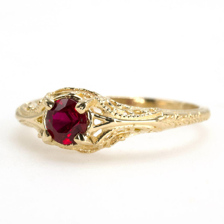 Petite Edwardian Style Filigree Engagement Ring in 14K Gold with Burmese Ruby