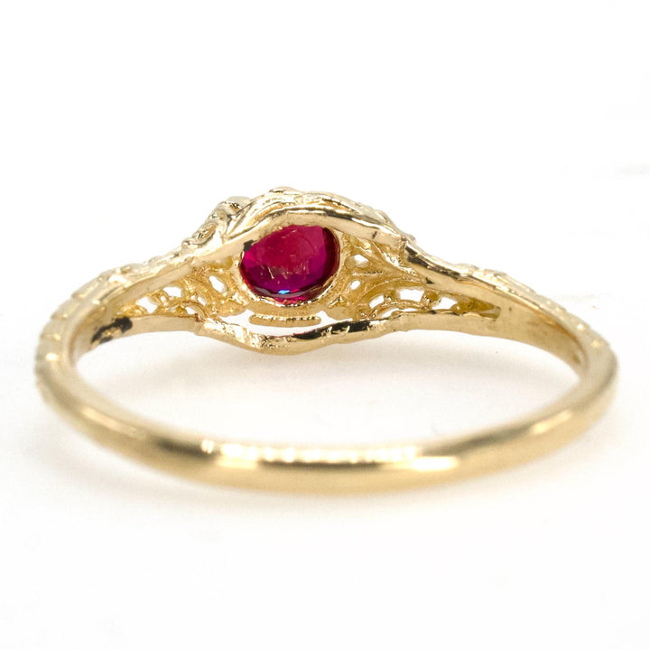 Petite Edwardian Style Filigree Engagement Ring in 14K Gold with Burmese Ruby