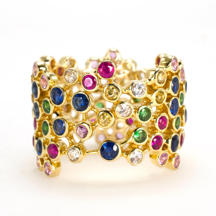 Wide 14K Yellow Gold Confetti Style Ring with Multicolored Sapphires