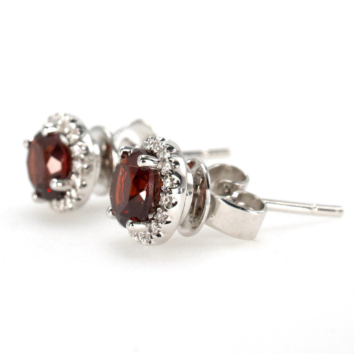 Round Crimson Garnet and Diamond Halo Stud Earrings