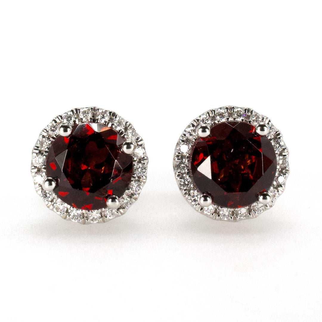Round Crimson Garnet and Diamond Halo Stud Earrings