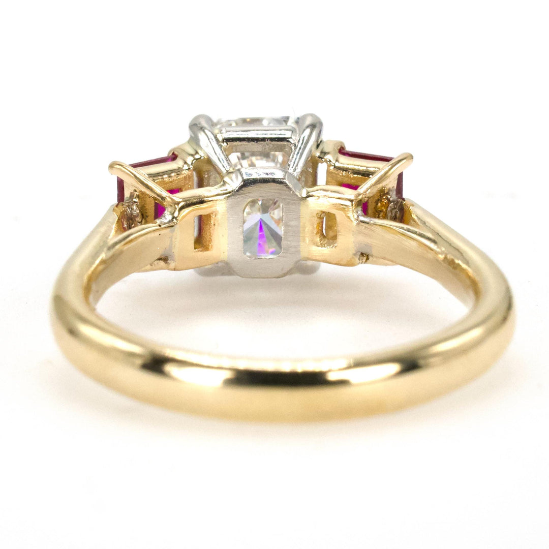 1.47 Carat Radiant Cut Diamond Three Stone Engagement Ring with Rubies in Two-Tone Gold