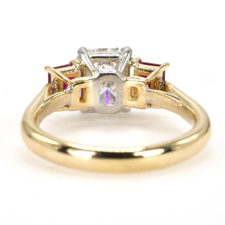 1.47 Carat Radiant Cut Diamond Three Stone Engagement Ring with Rubies in Two-Tone Gold