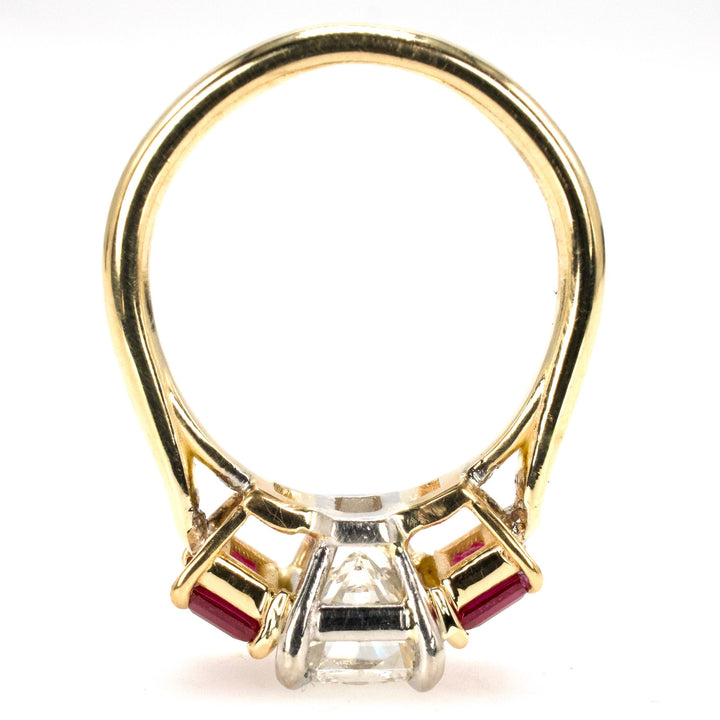 1.47 Carat Radiant Cut Diamond Three Stone Engagement Ring with Rubies in Two-Tone Gold