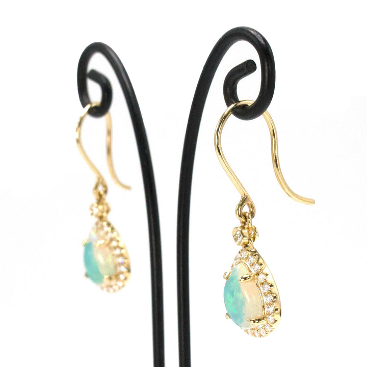 Gold and Pear Cut Opal Drop Earrings with Diamond Halo