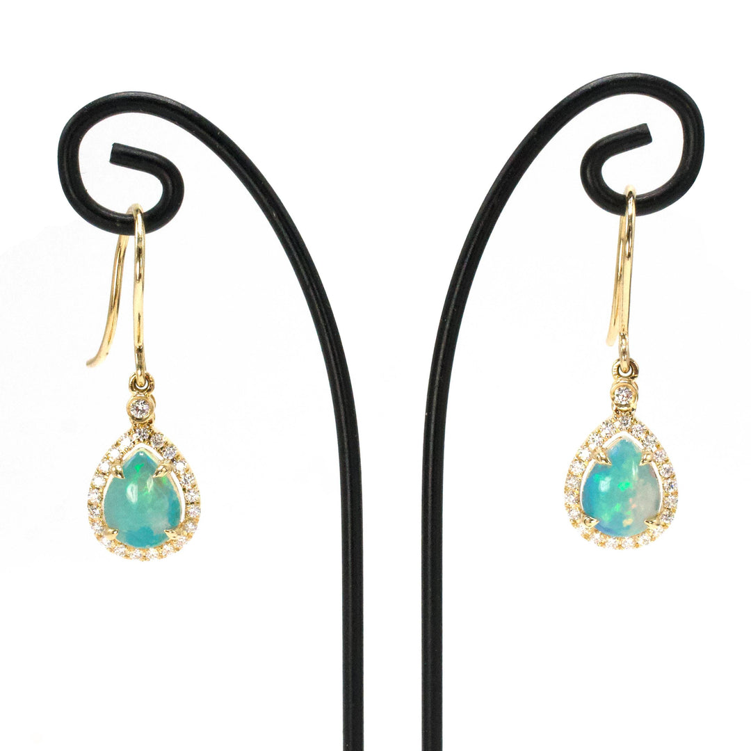 Gold and Pear Cut Opal Drop Earrings with Diamond Halo