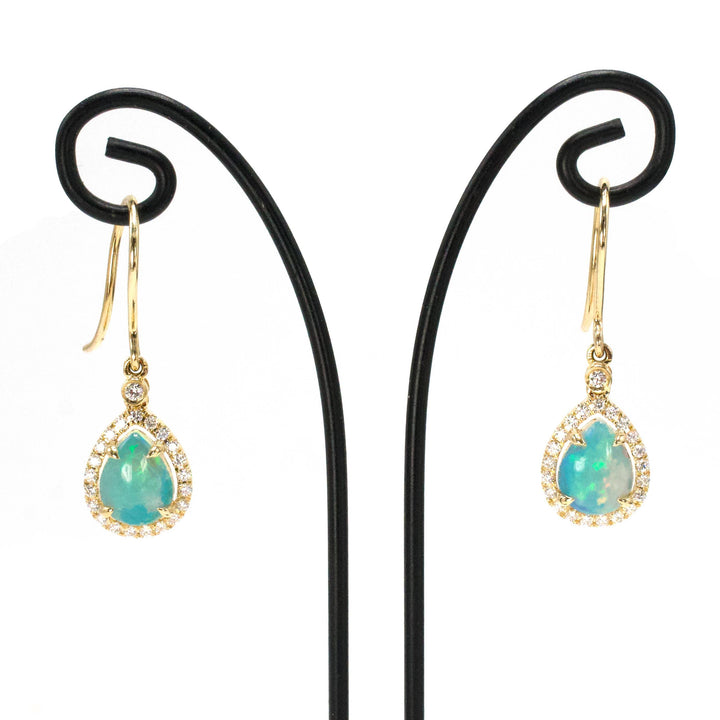 Gold and Pear Cut Opal Drop Earrings with Diamond Halo