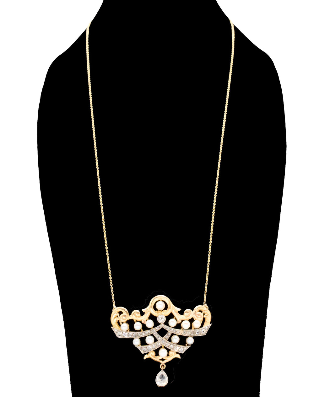 Art Nouveau Rose and Old Mine Cut Diamond and Pearl Necklace