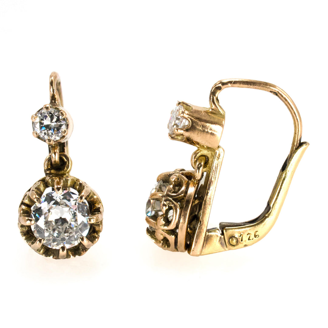 Victorian Style Lever Back Diamond Drop Earrings with European and Modern Cuts