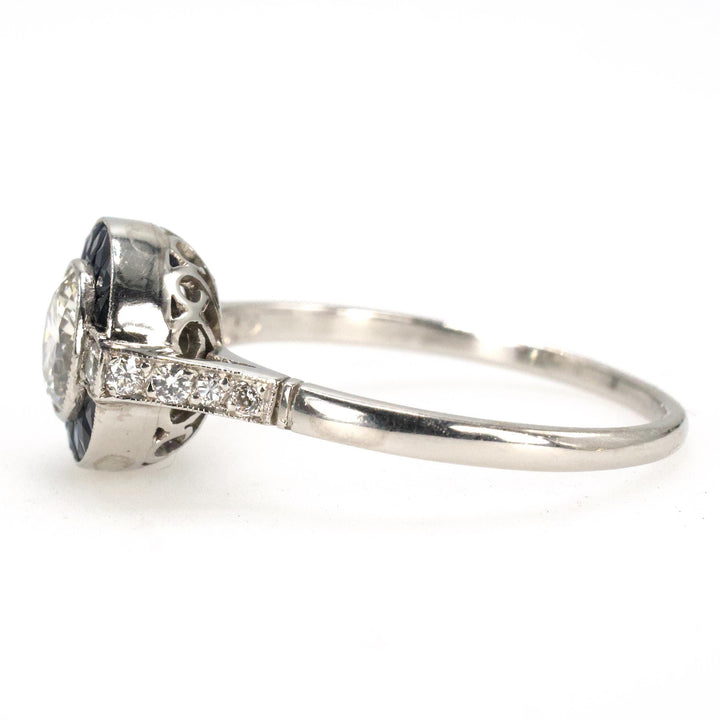 Art Deco Platinum Diamond and Sapphire Target Engagement Ring