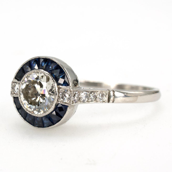 Art Deco Platinum Diamond and Sapphire Target Engagement Ring