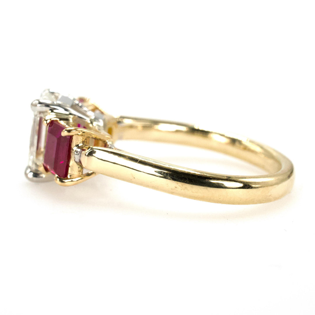 1.47 Carat Radiant Cut Diamond Three Stone Engagement Ring with Rubies in Two-Tone Gold