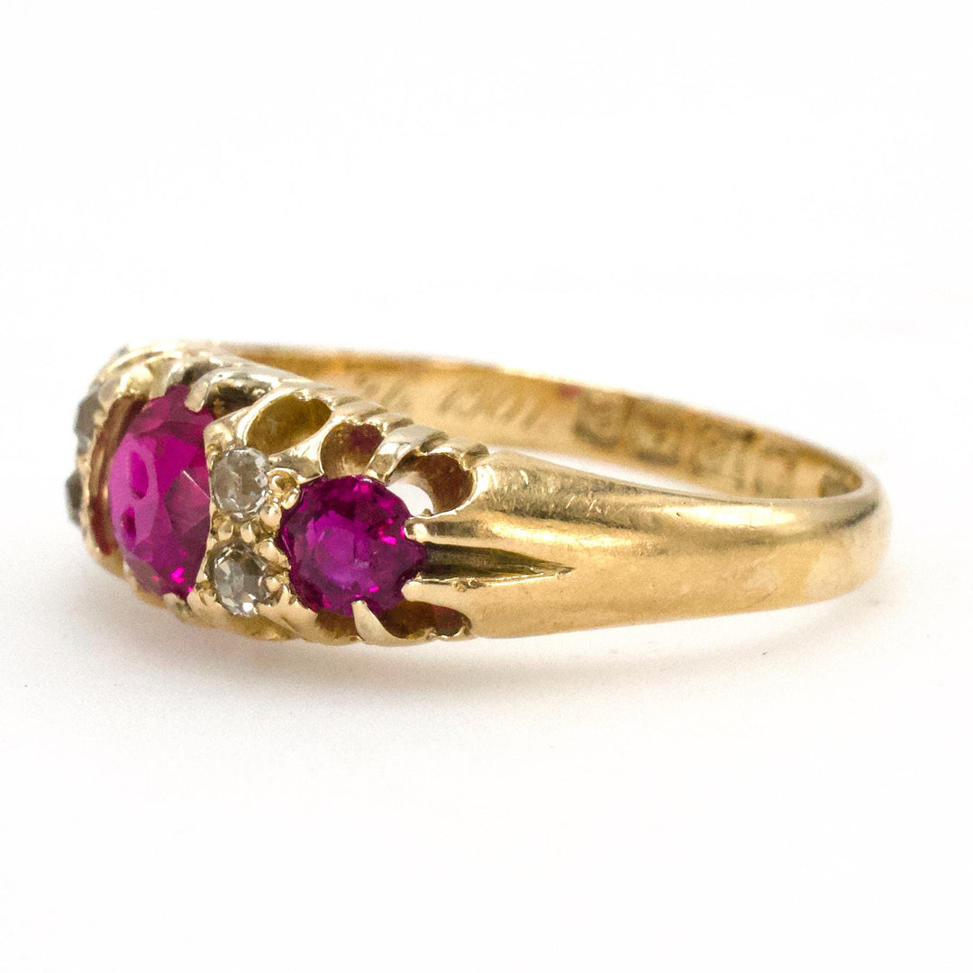 Victorian 18K Yellow Gold Three Ruby Ring with Mine Cut Diamonds (ca. 1900)