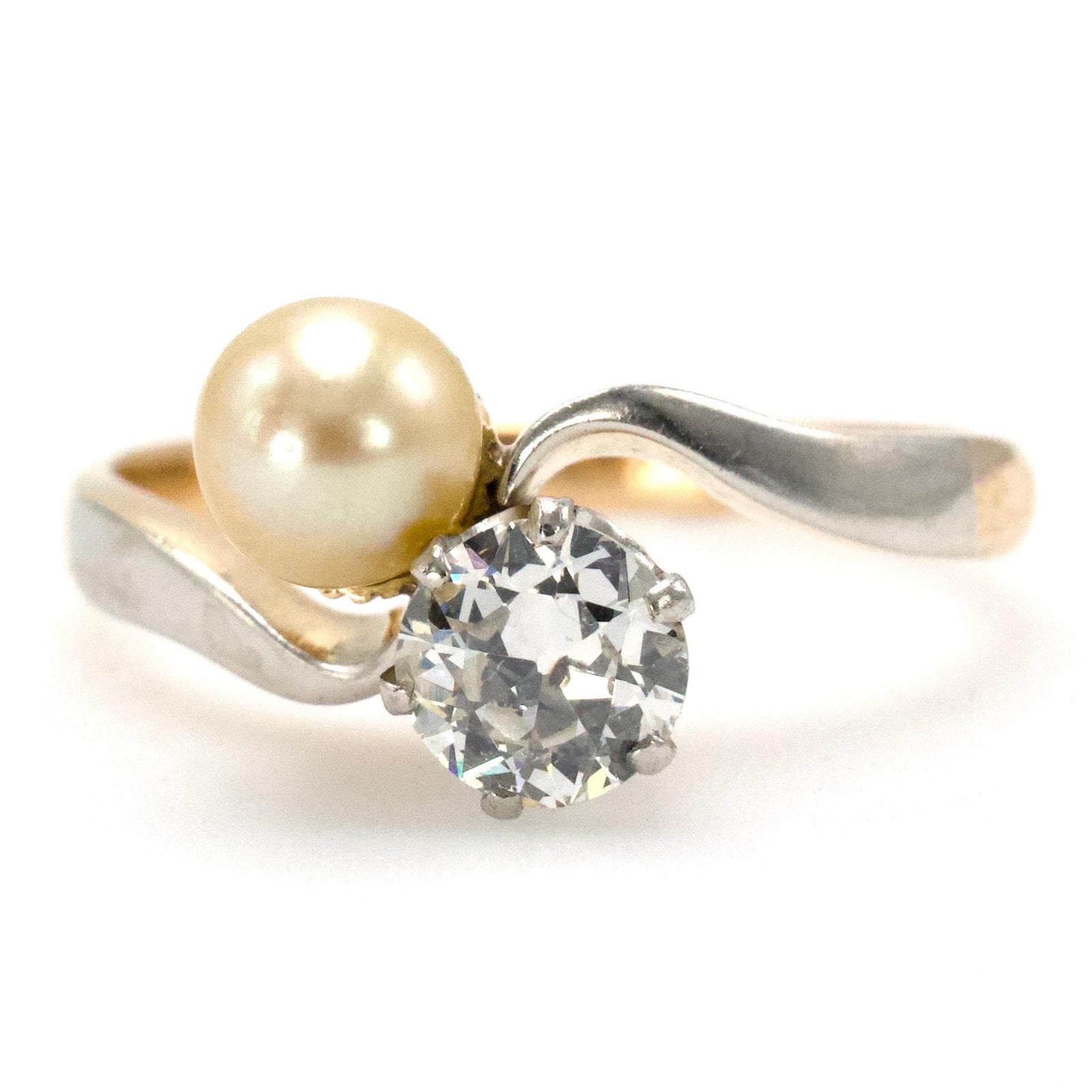 18K Gold and Platinum Victorian European Cut Diamond and Pearl Bypass Ring