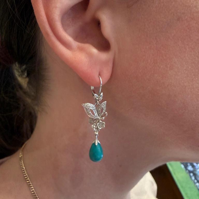 Sterling Silver Turquoise and Pavé Diamond Drop Earrings