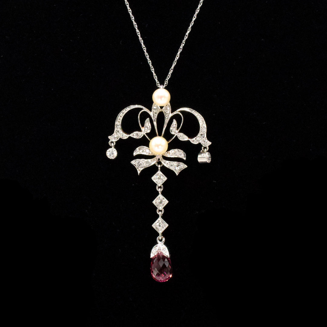 Edwardian Platinum and 14K Gold Bow Style Necklace with Pearls, Diamonds, and Rubellite Tourmaline