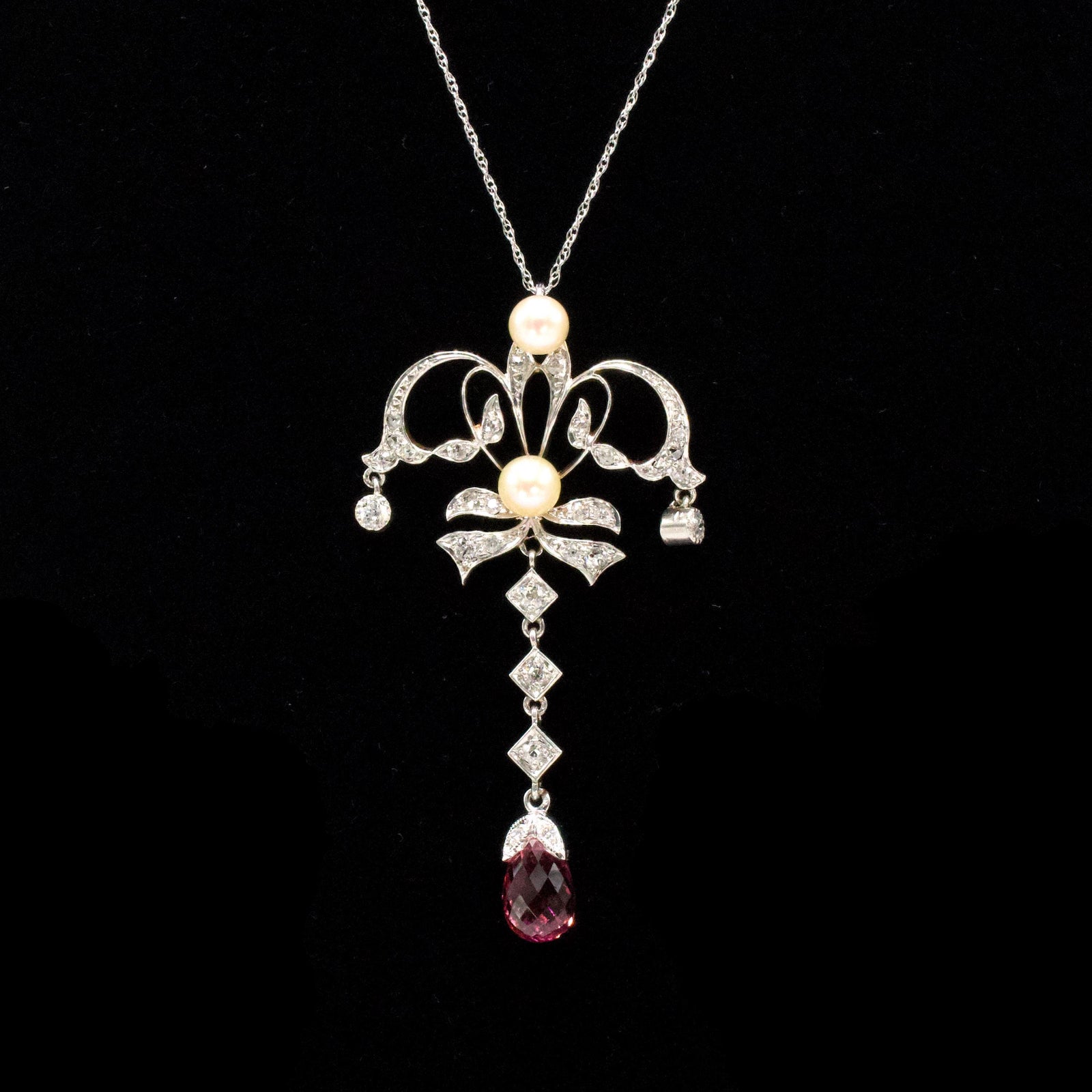 Edwardian Platinum and 14K Gold Bow Style Necklace with Pearls, Diamonds, and Rubellite Tourmaline
