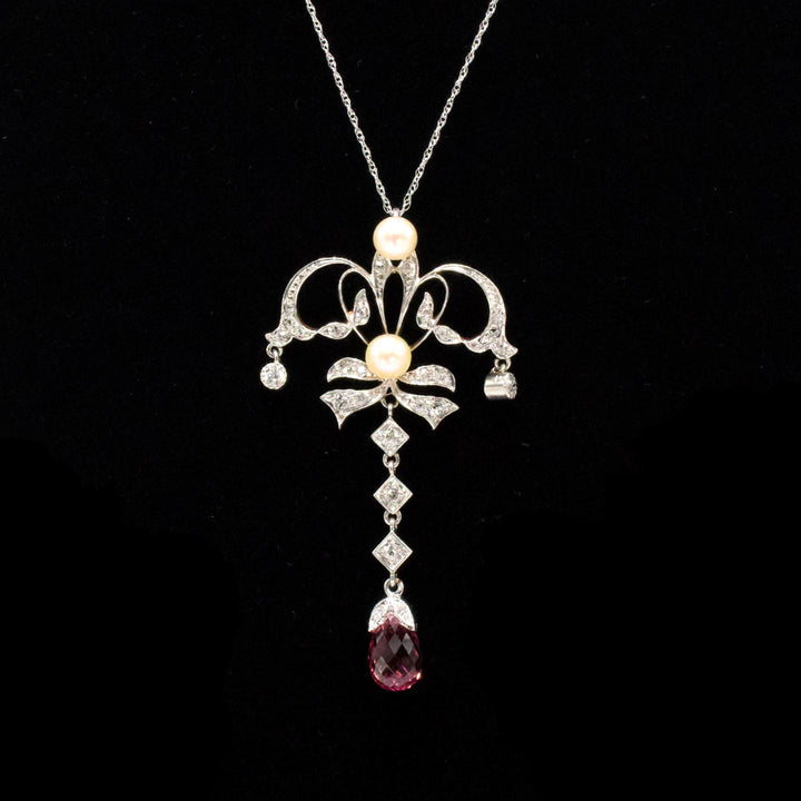 Edwardian Platinum and 14K Gold Bow Style Necklace with Pearls, Diamonds, and Rubellite Tourmaline