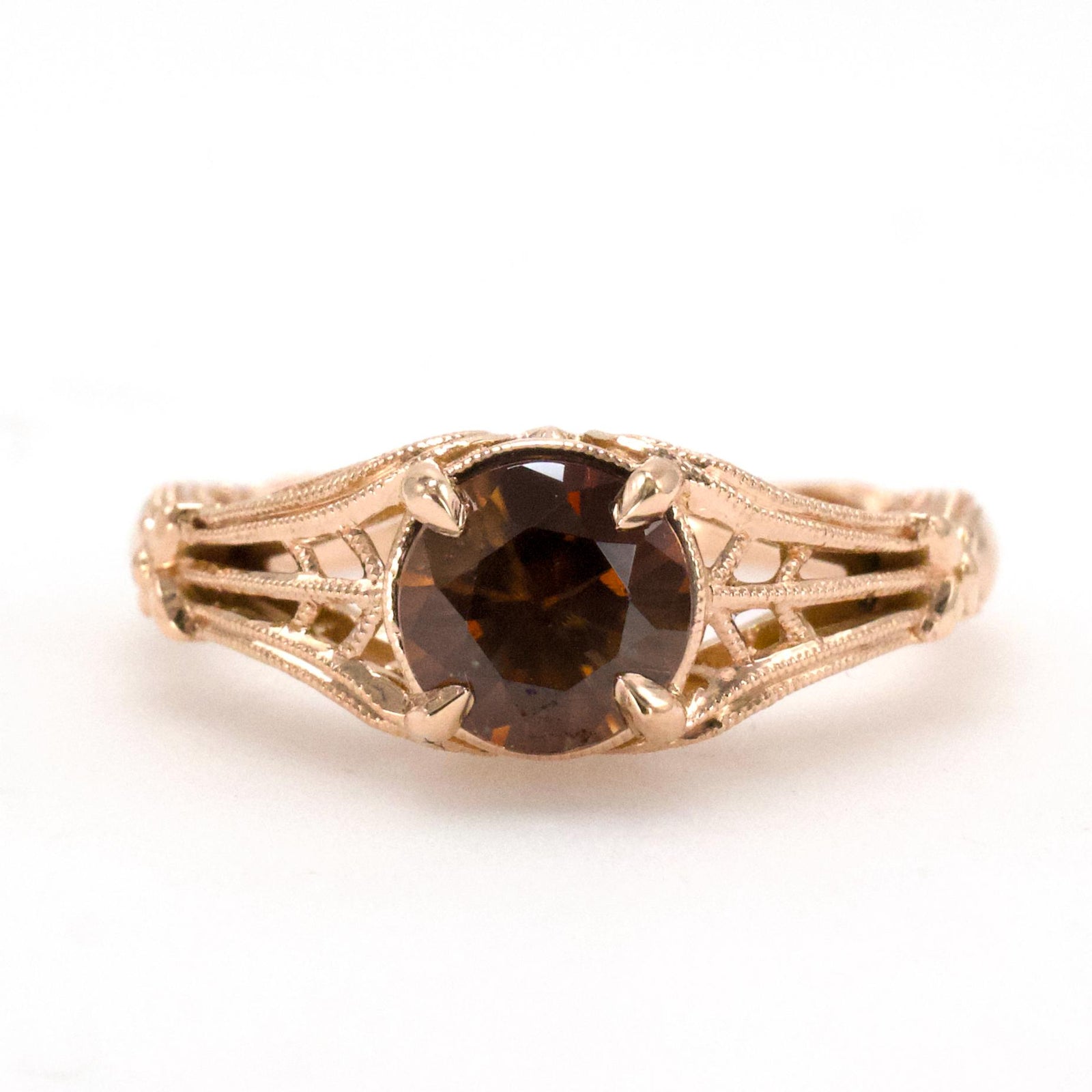 Edwardian Style 14K Rose Gold Solitaire with 0.90 Carat Orange-Brown Zircon