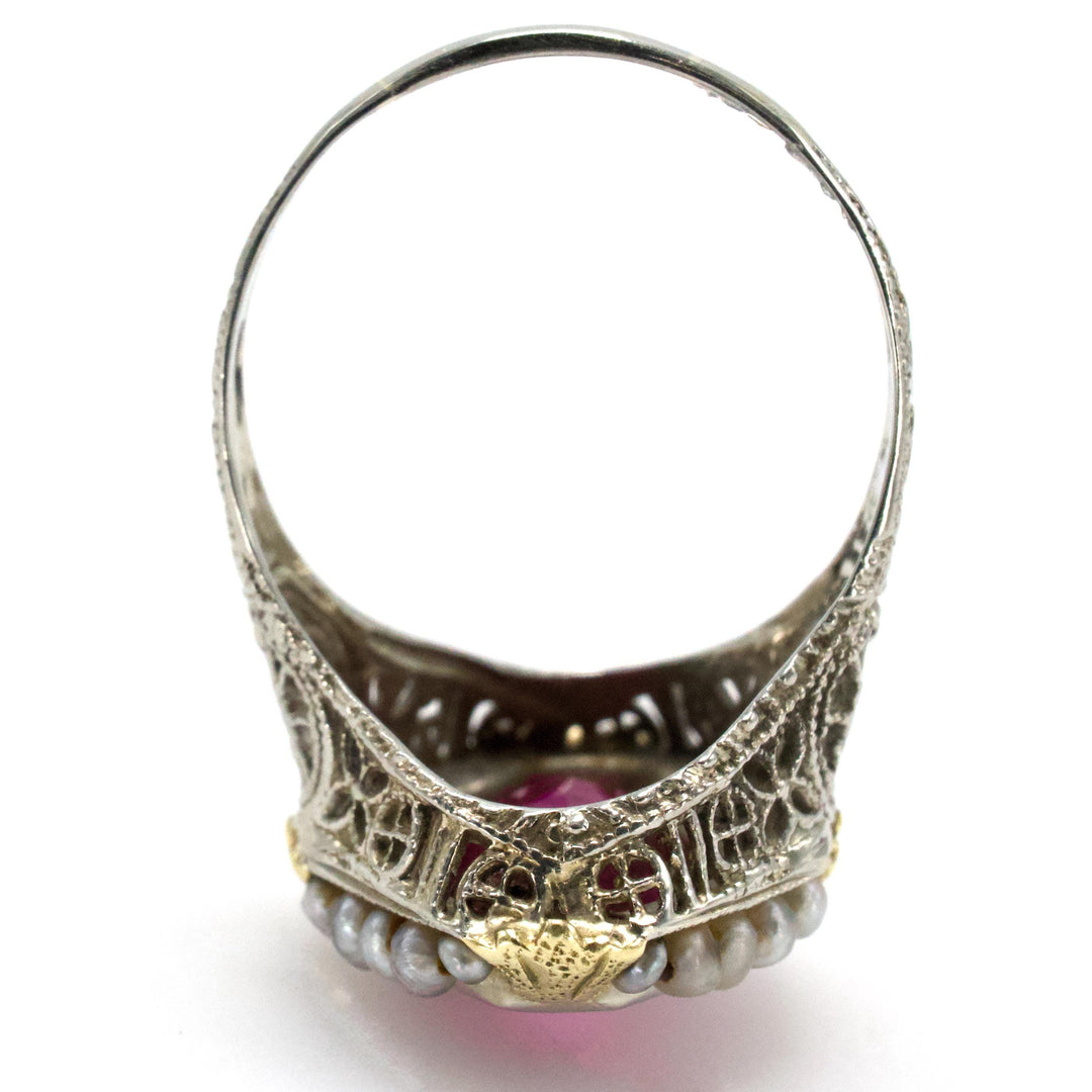 Art Deco Two-Tone Gold Filigree Ring with Lozenge Cut Ruby and Inset Diamond