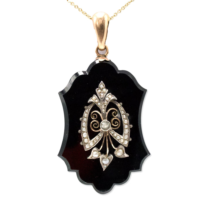Victorian Shield Shaped Mourning Locket Pendant of Onyx, Gold, Seed Pearl, and Diamond