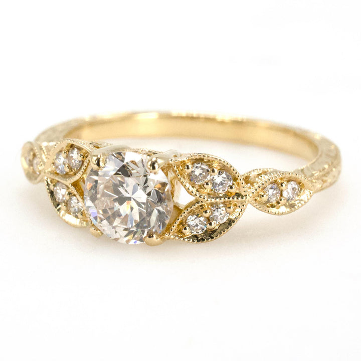 0.66 Carat Natural Diamond in Yellow Gold Art Deco Style Floral Solitaire Ring