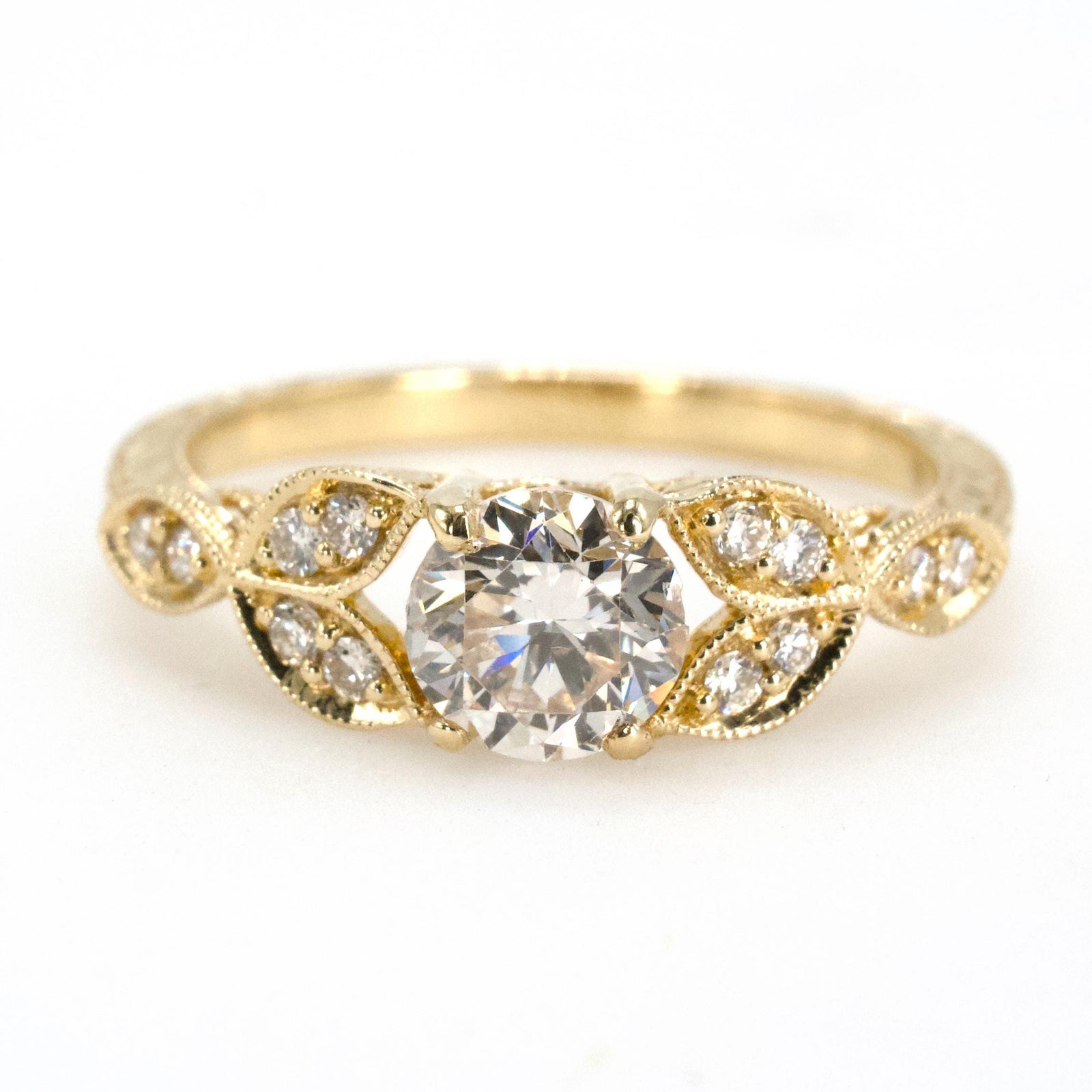 0.66 Carat Natural Diamond in Yellow Gold Art Deco Style Floral Solitaire Ring