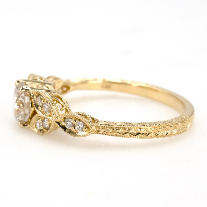 0.66 Carat Natural Diamond in Yellow Gold Art Deco Style Floral Solitaire Ring