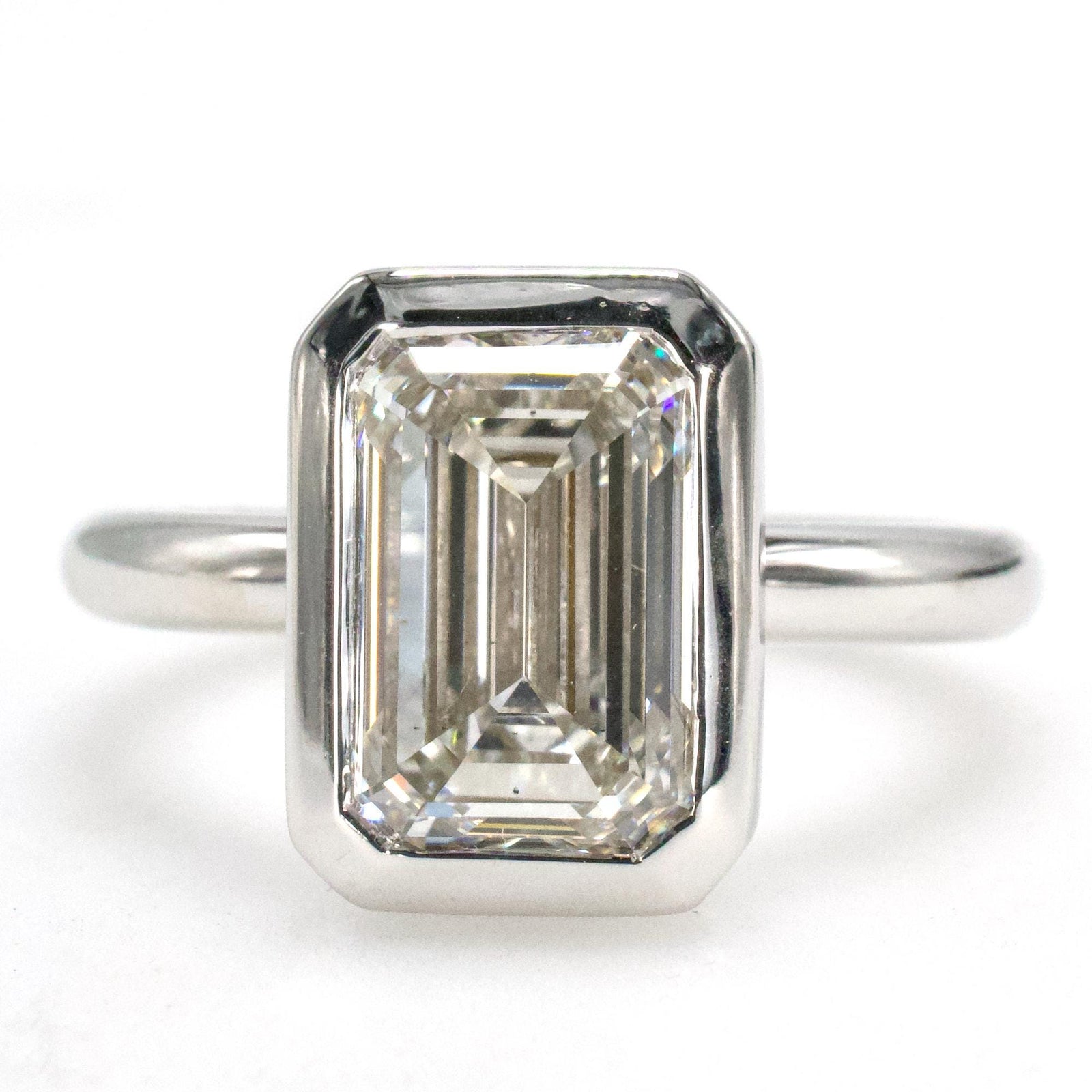3.19 Carat Emerald Cut Lab Diamond Bezel Solitaire in 14K White Gold