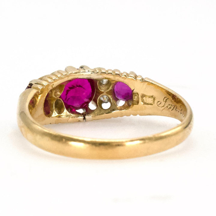 Victorian 18K Yellow Gold Three Ruby Ring with Mine Cut Diamonds (ca. 1900)