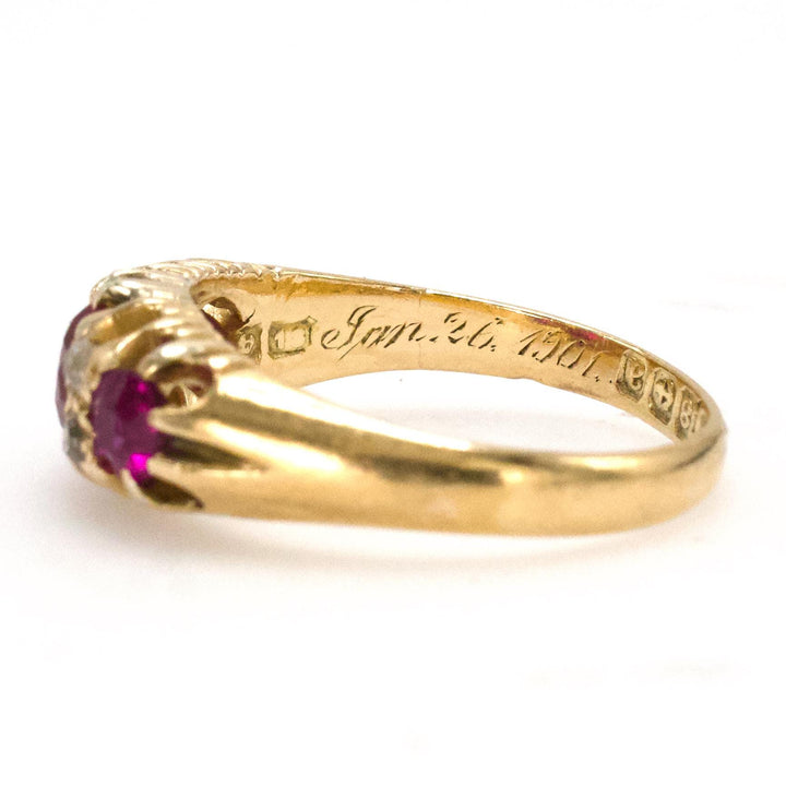 Victorian 18K Yellow Gold Three Ruby Ring with Mine Cut Diamonds (ca. 1900)