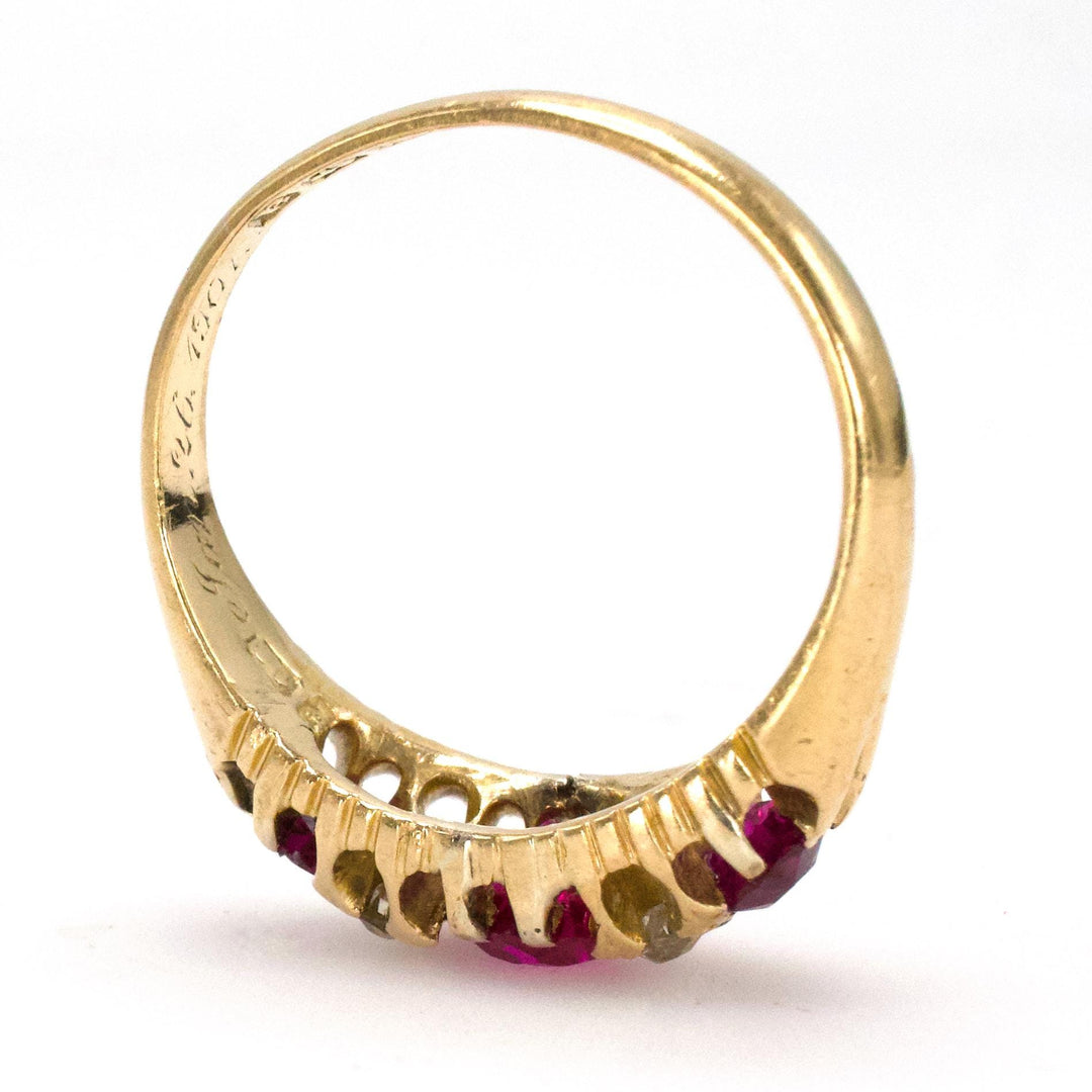 Victorian 18K Yellow Gold Three Ruby Ring with Mine Cut Diamonds (ca. 1900)
