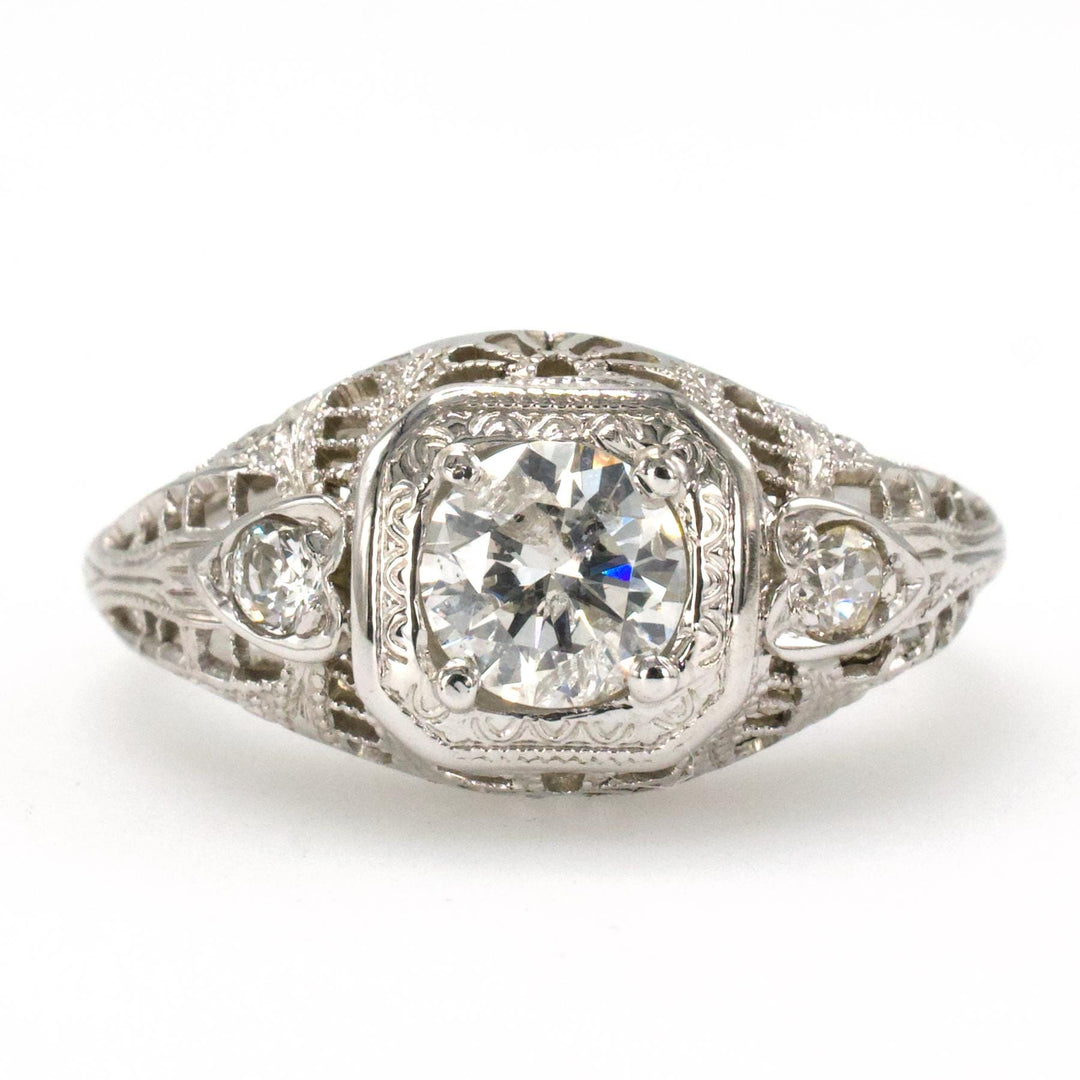 Art Deco Diamond Accented Filigree Solitaire Engagement Ring