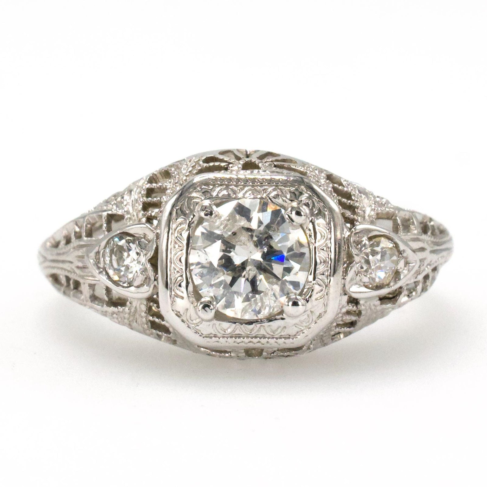 Art Deco Diamond Accented Filigree Solitaire Engagement Ring