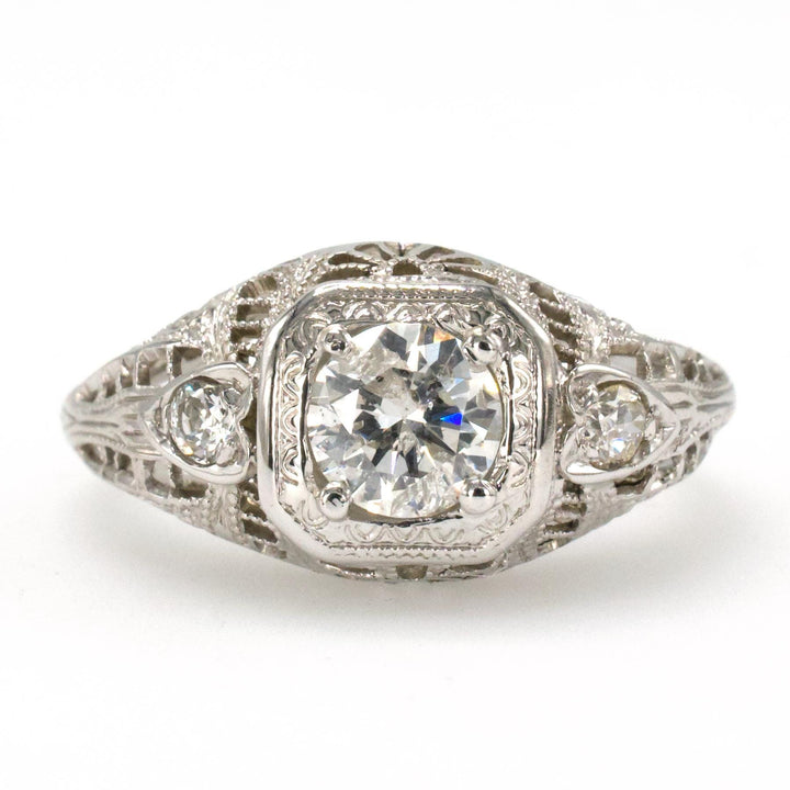 Art Deco Diamond Accented Filigree Solitaire Engagement Ring