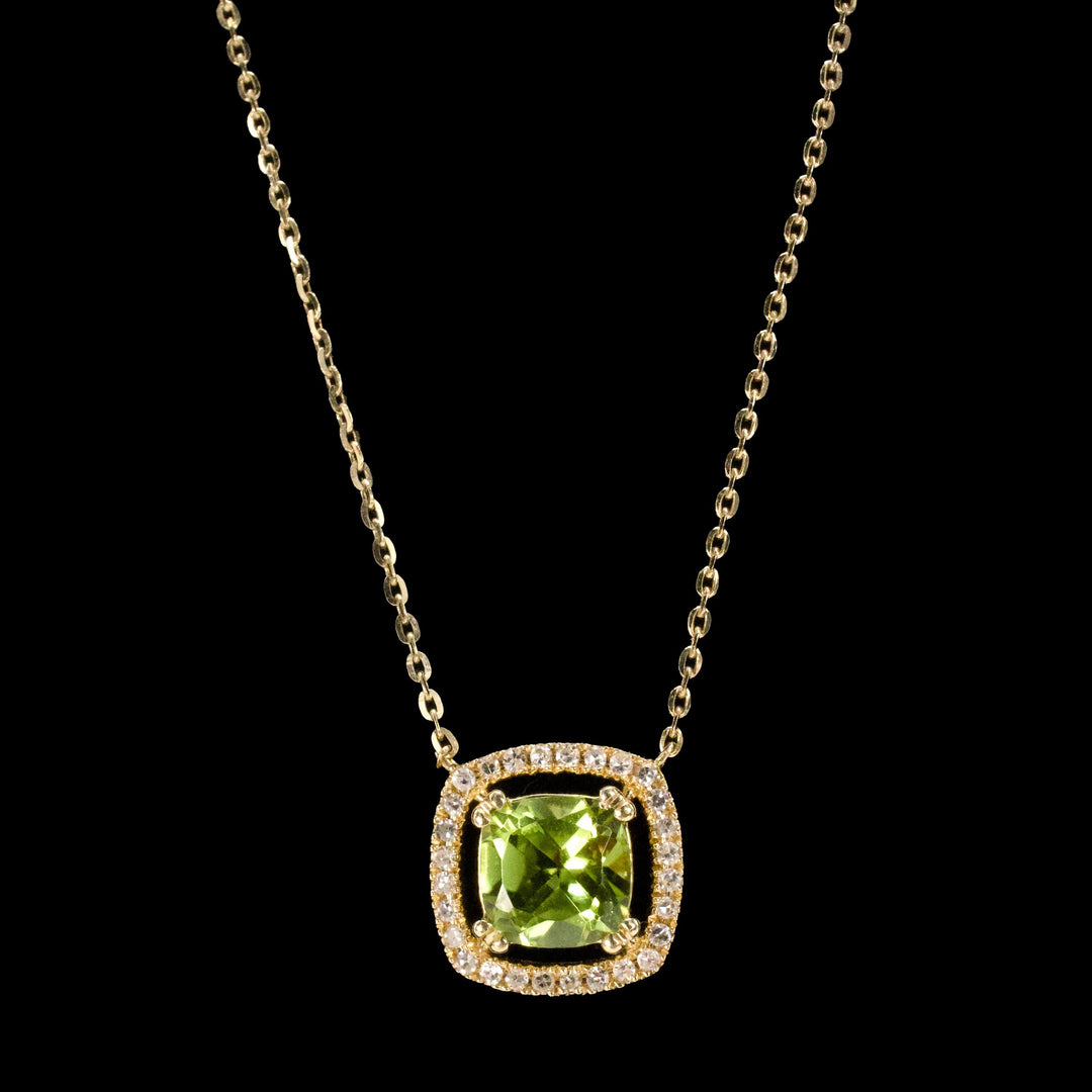 Estate Peridot and Diamond Halo Pendant Necklace