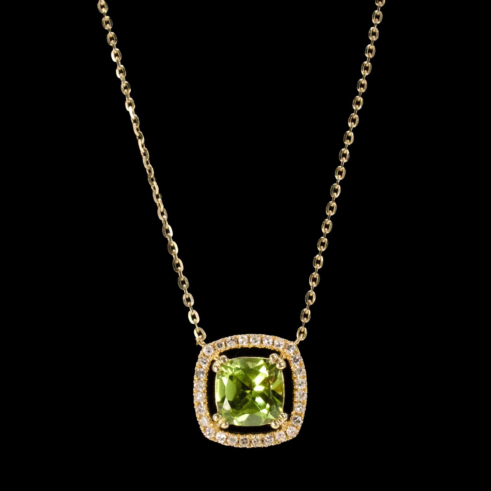 Estate Peridot and Diamond Halo Pendant Necklace