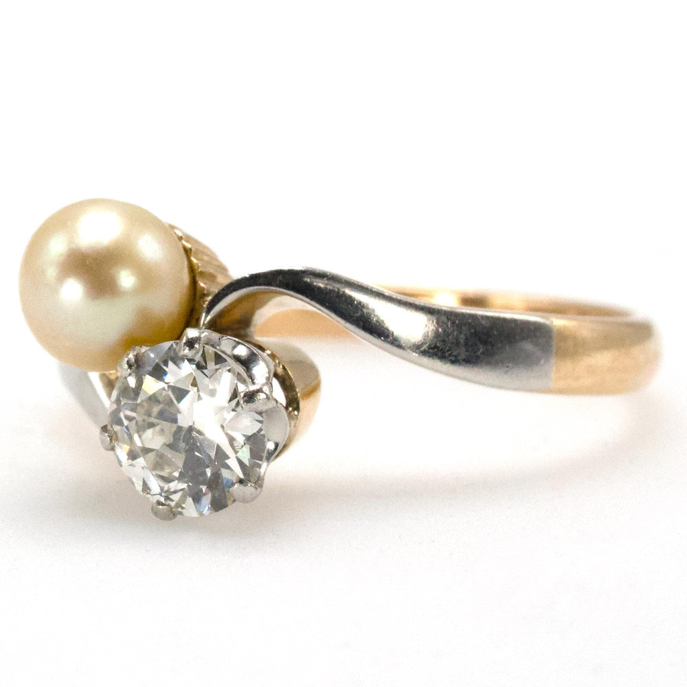 18K Gold and Platinum Victorian European Cut Diamond and Pearl Bypass Ring