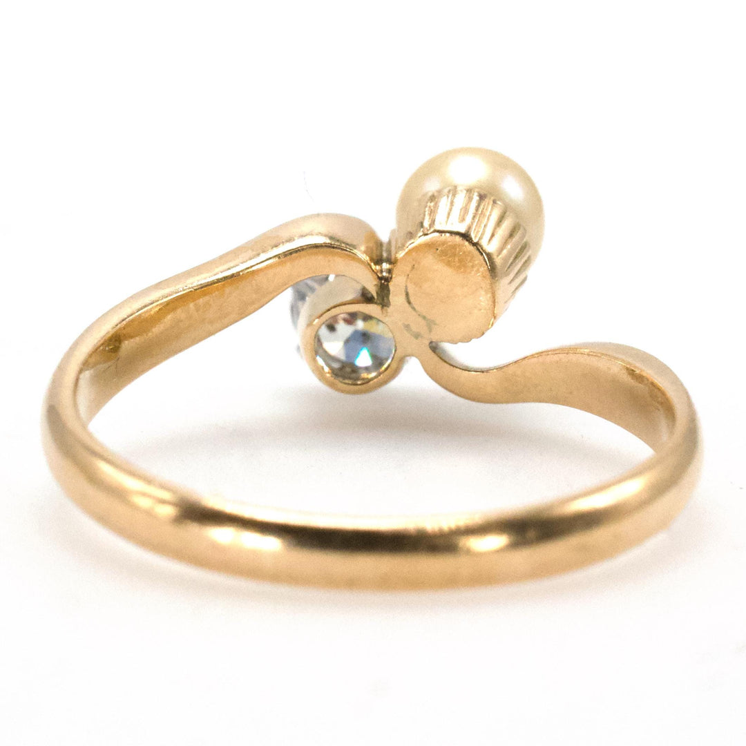 18K Gold and Platinum Victorian European Cut Diamond and Pearl Bypass Ring