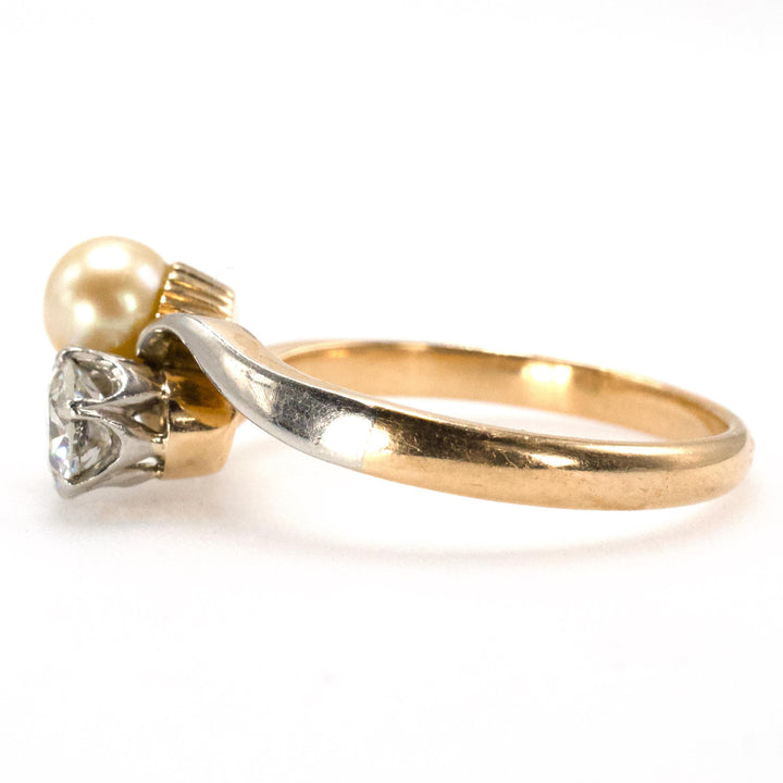 18K Gold and Platinum Victorian European Cut Diamond and Pearl Bypass Ring