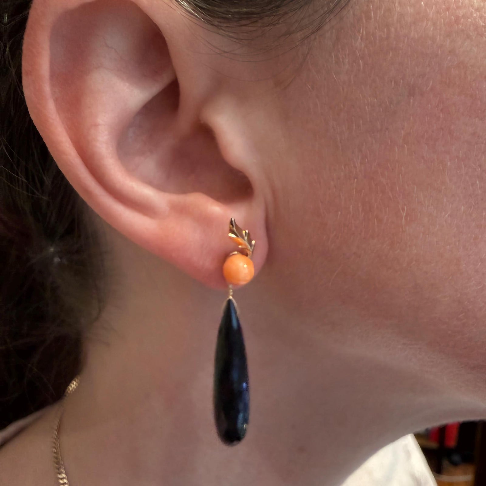Vintage Coral and Onyx Drop Earrings with Gold Leaf Accents