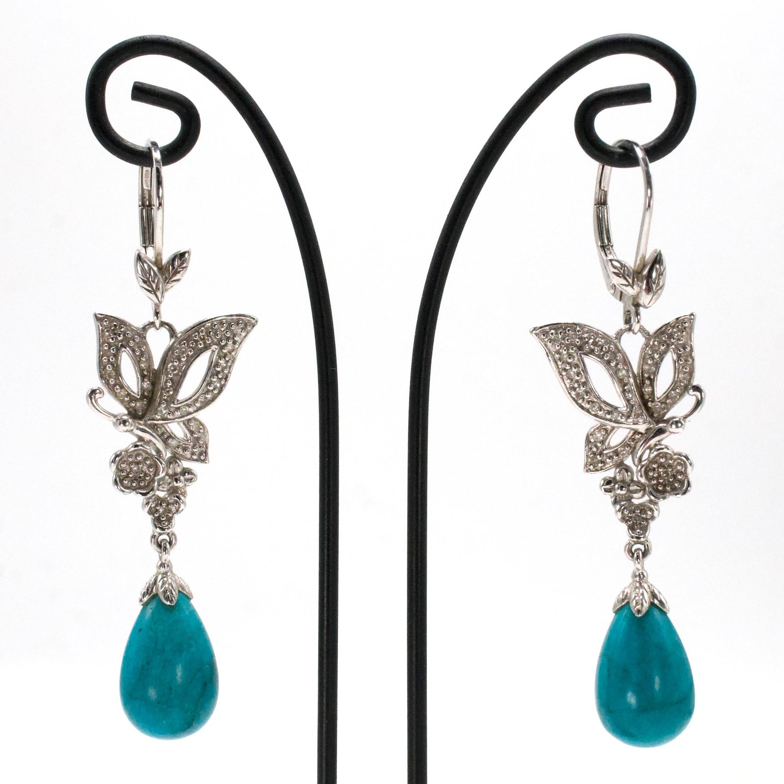 Sterling Silver Turquoise and Pavé Diamond Drop Earrings