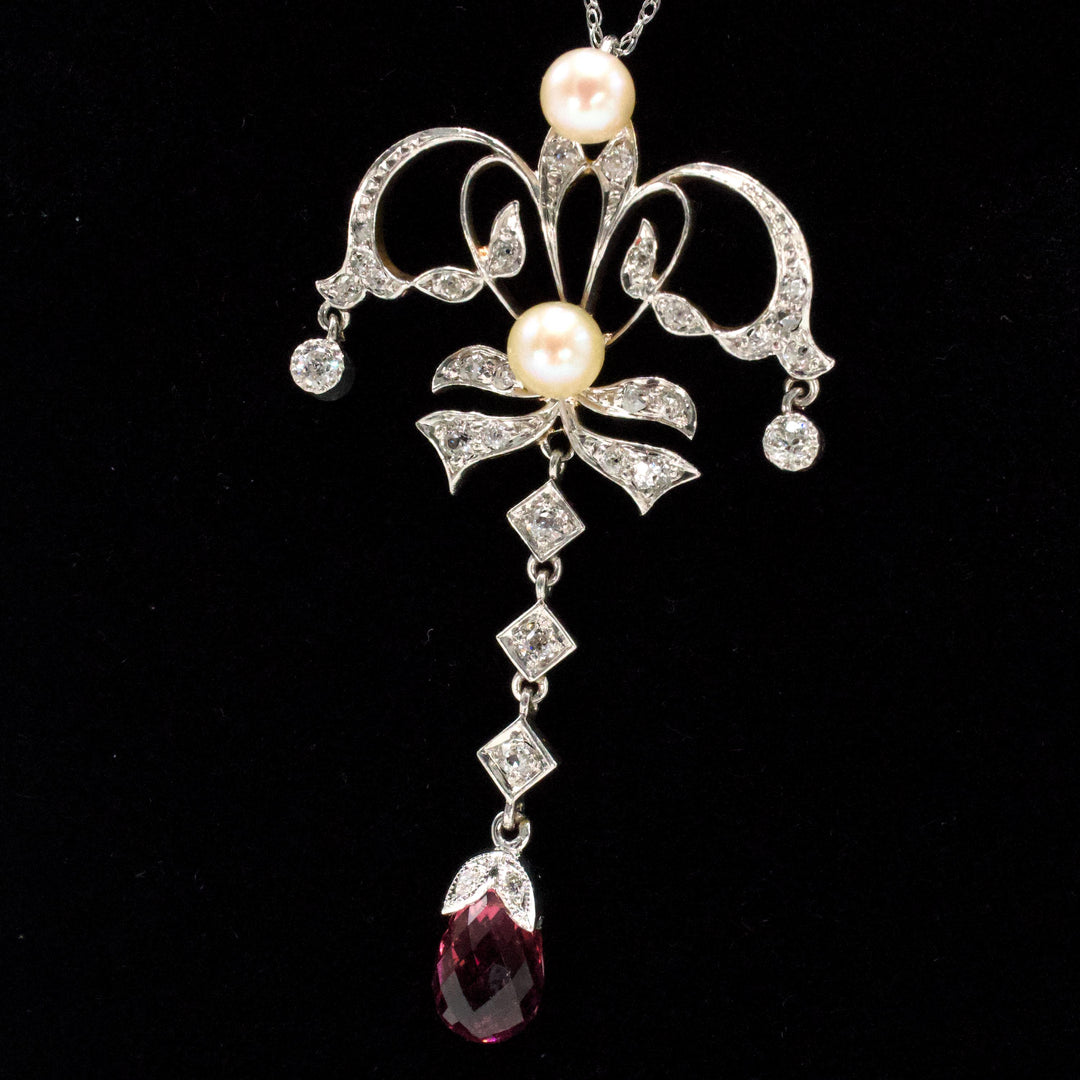 Edwardian Platinum and 14K Gold Bow Style Necklace with Pearls, Diamonds, and Rubellite Tourmaline