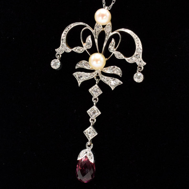 Edwardian Platinum and 14K Gold Bow Style Necklace with Pearls, Diamonds, and Rubellite Tourmaline