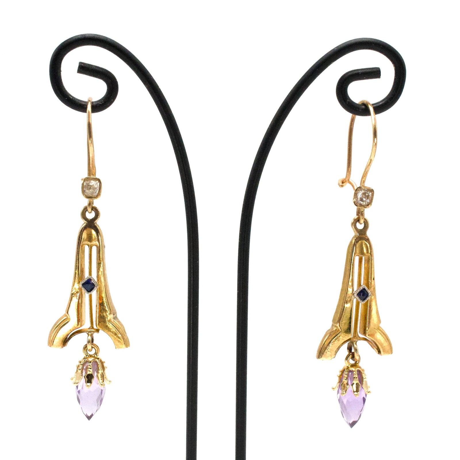 Antique 14K Yellow Gold Diamond and Sapphire Earrings with Briolette Amethyst Drop