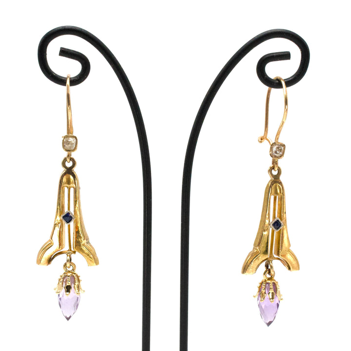 Antique 14K Yellow Gold Diamond and Sapphire Earrings with Briolette Amethyst Drop