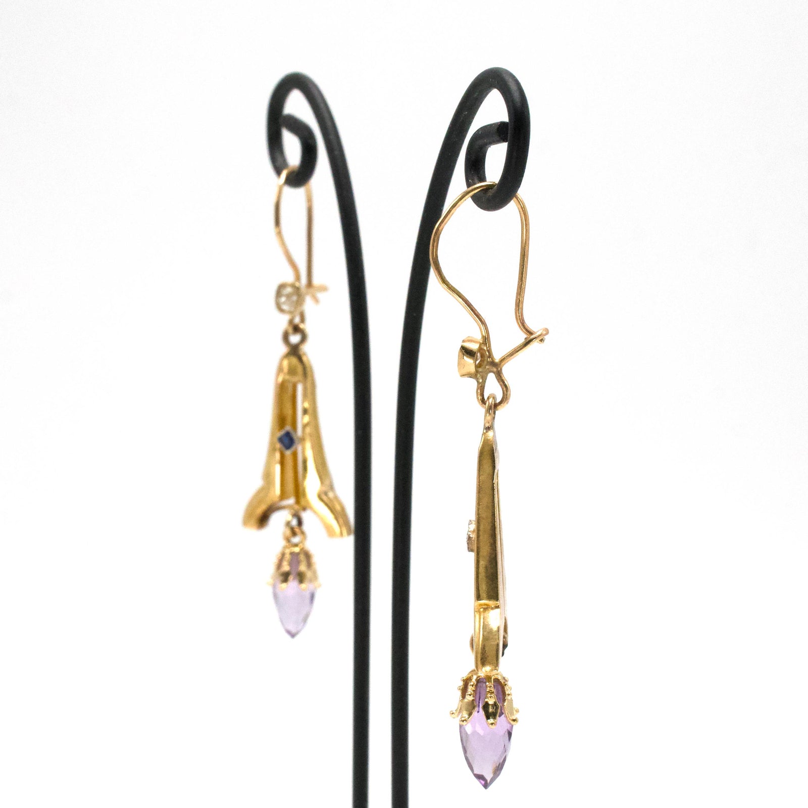 Antique 14K Yellow Gold Diamond and Sapphire Earrings with Briolette Amethyst Drop