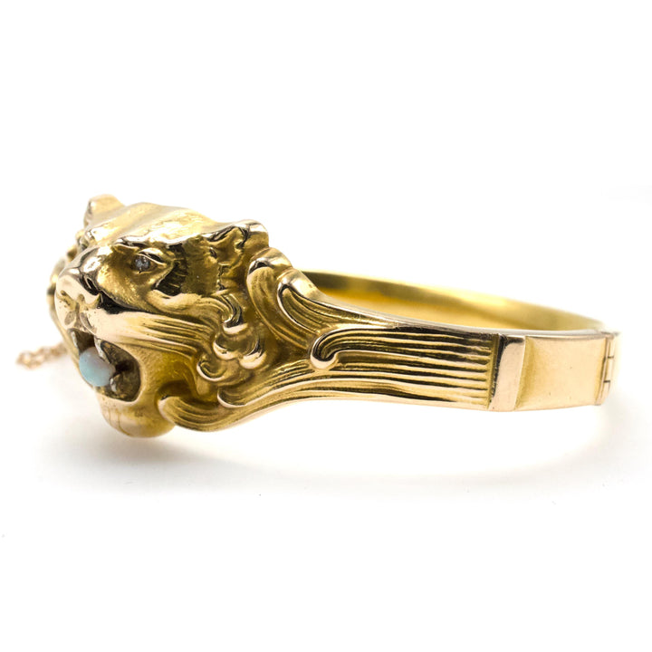 Original Victorian Art Nouveau 14K Gold Lion Bracelet with Opal and Diamonds