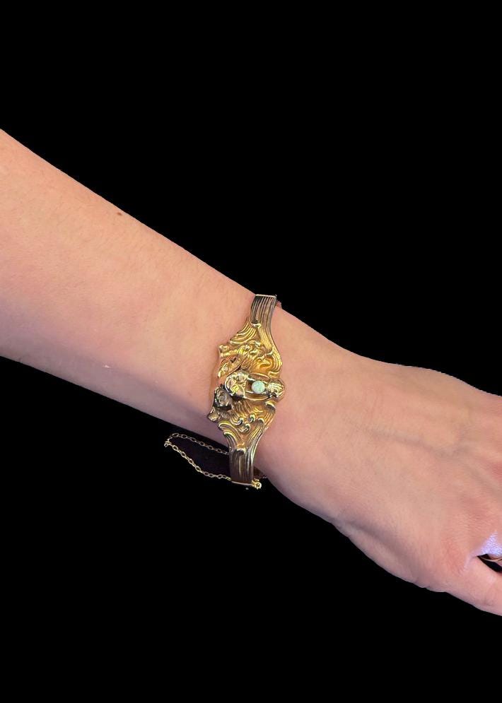 Original Victorian Art Nouveau 14K Gold Lion Bracelet with Opal and Diamonds